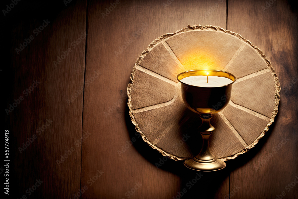 idea of the eucharist on a wooden backdrop with a chalice. Generative AI