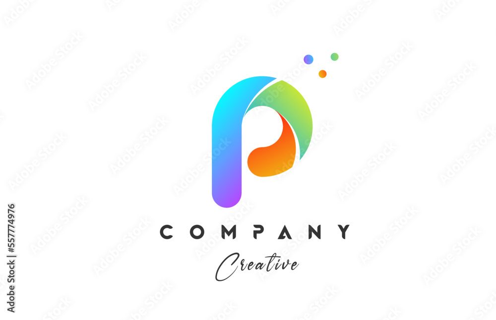 Colored P alphabet letter logo icon design. Yellow blue green color with dots. Colorful creative template for company and business Colored P alphabet letter logo icon design. Yellow blue green color with dots. Colorful creative template for company and business