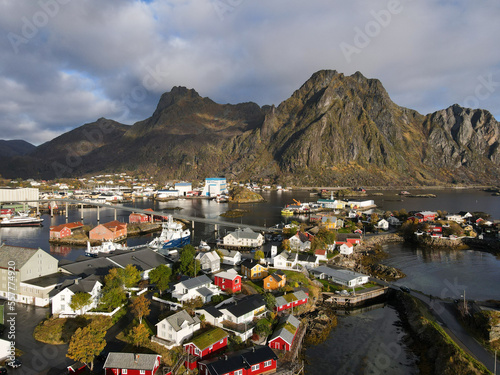 
Drone View of the city of Svolvaer on the Lofoten islands, Norway with the mountains in the background photo