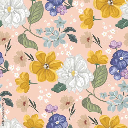 Flowers with Blue  white  yellow colours. Seamless pattern with vector hand drawn illustrations