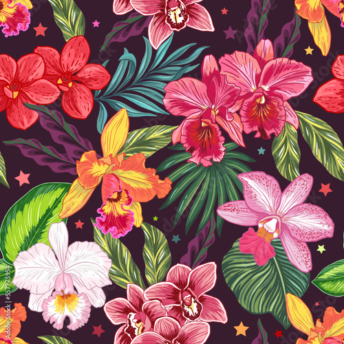 Wild orchids in the jungle forest. Seamless pattern with hand drawn illustrations with tropical theme