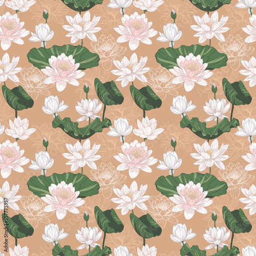 Lotos flowers and leaves. Seamless pattern with hand drawn digital illustrations with floral theme