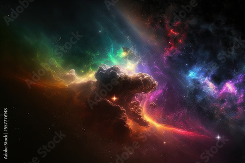 On a dark background  there is multicolored fractal nebula dust. Generative AI