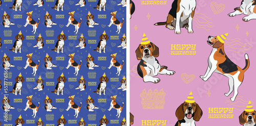 Happy Birthday Pattern with Beagle dog in a party hat, seamless texture.Repeatable tiles, wrapping paper, blue and pink background.Holiday wallpaper with line art cake and fancy icon heart elements.