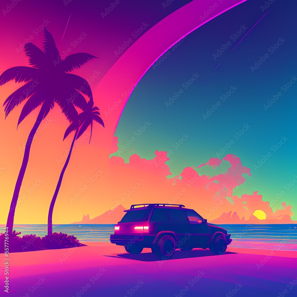 a van is parked on the beach near a palm tree and a wave in the ocean at sunset with a pink and blue sky AI