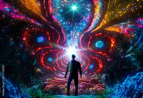 A man takes his first psychedelic trip to the center of the universe after consuming DMT. Amazing colorful space. LSD, DMT or psilocybin trip . Generative AI illustrations