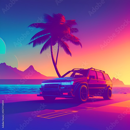 a van is parked on the beach near a palm tree and a wave in the ocean at sunset with a pink and blue sky AI