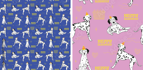 Happy Birthday Pattern with Dalmatian dog in a party hat, seamless texture.Repeatable tiles, wrapping paper, blue and pink background.Holiday wallpaper with line art cake and fancy heart elements.