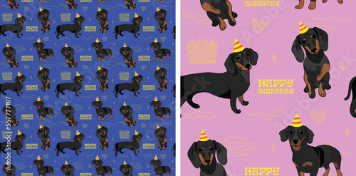 Happy Birthday Pattern with dachshund dog in a party hat, seamless texture.Repeatable tiles, wrapping paper, blue and pink background.Holiday wallpaper with line art cake and fancy elements, Art deco.