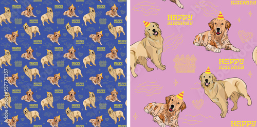 Happy Birthday Pattern with Golden Retriever dog in a party hat, seamless texture.Repeatable tiles, wrapping paper, blue and pink background.Holiday wallpaper with line art cake and fancy elements.