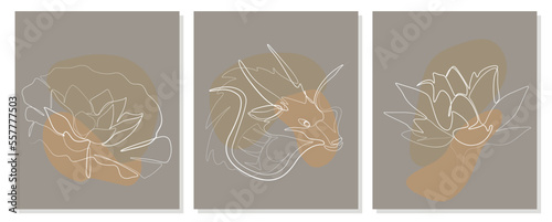 Canvas Print Set the dragon with flowers of lili line art illustration