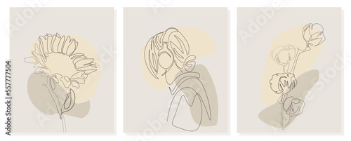 Set of the woman portrait and sprig of blooming sunflowers and cotton vector line art illustration. One Line style drawing. Simple hand drawn asian elements. Vector illustration