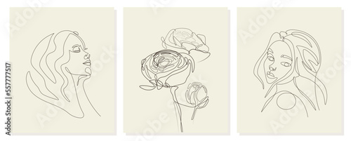 Set of the women portraits and sprig of blooming rose flowers vector line art illustration. One Line style drawing. One line art character, simple hand drawn asian elements. Vector illustration