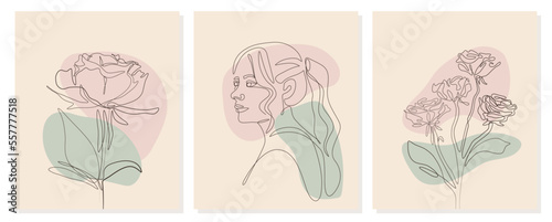 Set of the woman portrait and sprig of blooming rose flowers vector line art illustration. One Line style drawing. One line art character, simple hand drawn asian elements. Vector illustration