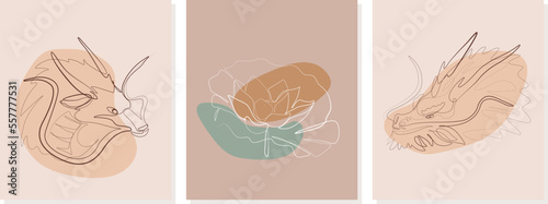 Set the dragons with flower of lili line art illustration. One line art character, simple hand drawn asian elements. Chinese new year 2024 year of the dragon. Vector illustration