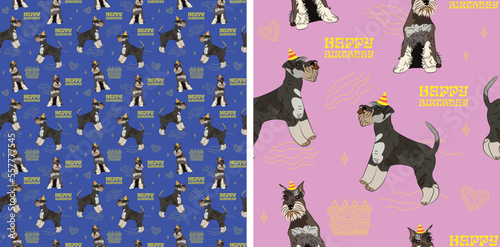 Happy Birthday Pattern with Miniature Schnauzer dog in a party hat, seamless texture.Repeatable tiles, wrapping paper, blue and pink background.Holiday wallpaper with line art cake and fancy elements.