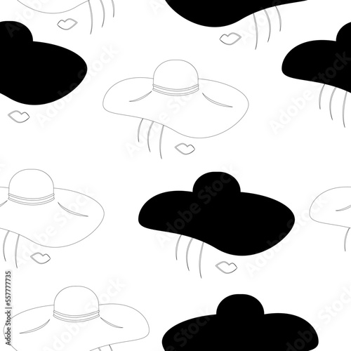 Seamless pattern of a stylized woman face with wide brimmed hat in different positions. Outline