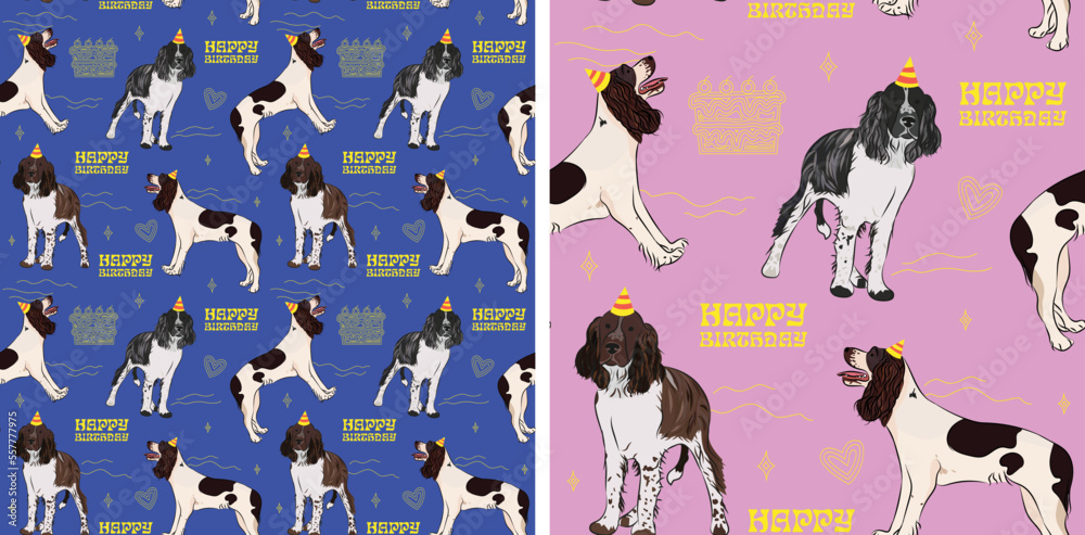 Fototapeta premium Happy Birthday Pattern with Springer Spaniel dog in a party hat, seamless texture.Repeatable tiles, wrapping paper, blue and pink background.Holiday wallpaper with line art cake and fancy elements.