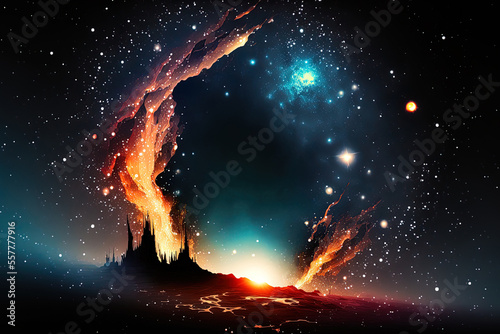 abstract background of space with comets and incredibly bright stars on the topic of explosions. Generative AI