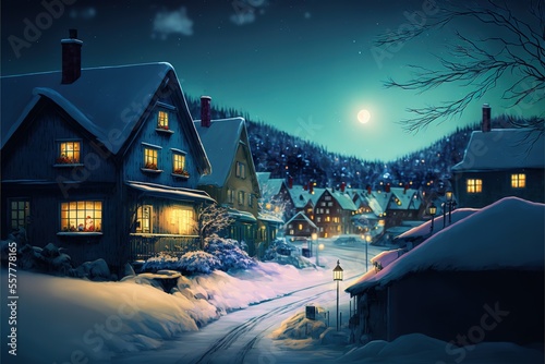 Winter town in the mountains  bright night landscape