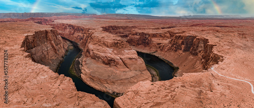 Panorama of Horseshoe Bend, Page Arizona. The Colorado River and a land mass made of orange sandstone. Made of twenty-three images, not one hundred percent accurate for perspective.