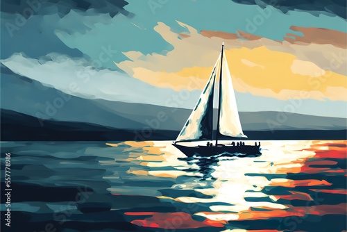Fototapeta A sailboat sailing on the sea into the sunset