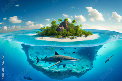 Small tropical island in the middle of the ocean with palm trees and sharks underwater. An ocean that looks like a drop of water. Ai llustration, fantasy digital painting,artificial intelligence art