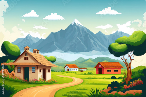 Indian hamlet with mountains around it in the background. Generative AI