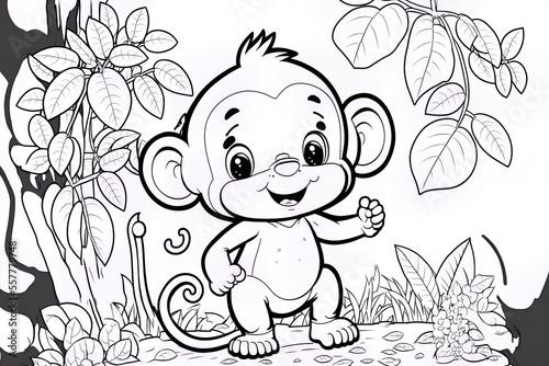 Children s Coloring Book with Animal Characters. Cute little monkey. Generative AI