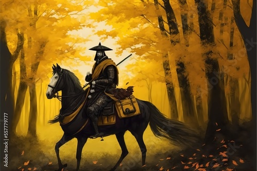A samurai rides a horse through the autumn forest
