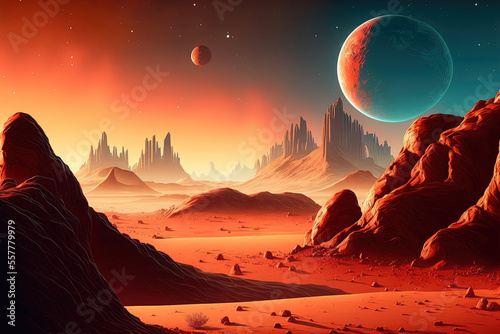 planetary landscape Mars is a beautiful desert planet with red earth mountains and stars in the backdrop of the space game cover poster. Generative AI
