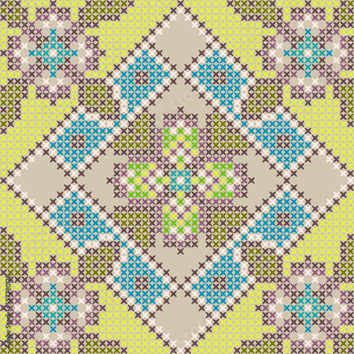 Floral Vintage Cross Stitch Green Tribal Seamless Pattern