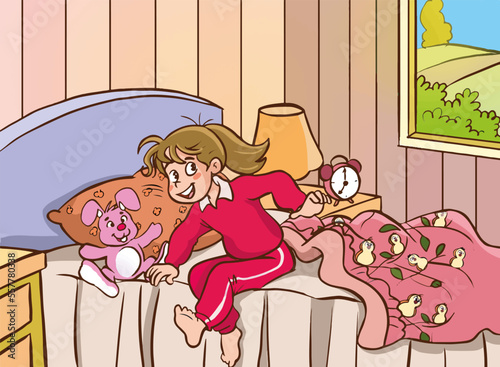 cute girl waking up in the morning cartoon vector illustration