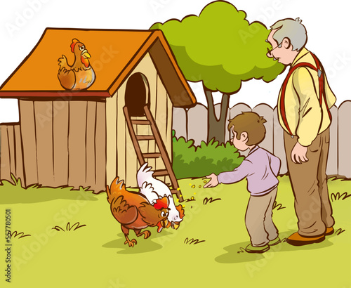 cute little boy feeds chickens with his grandfather cartoon vector