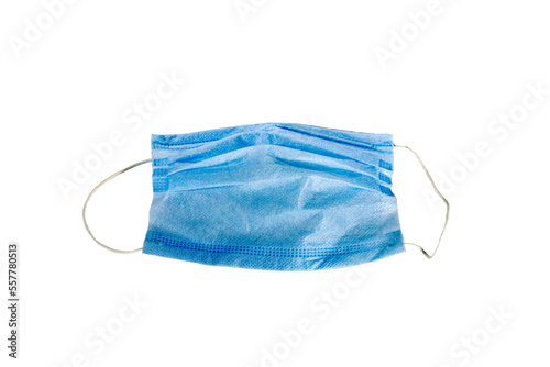 Disposable medical protective mask blue color isolate on white background top view.