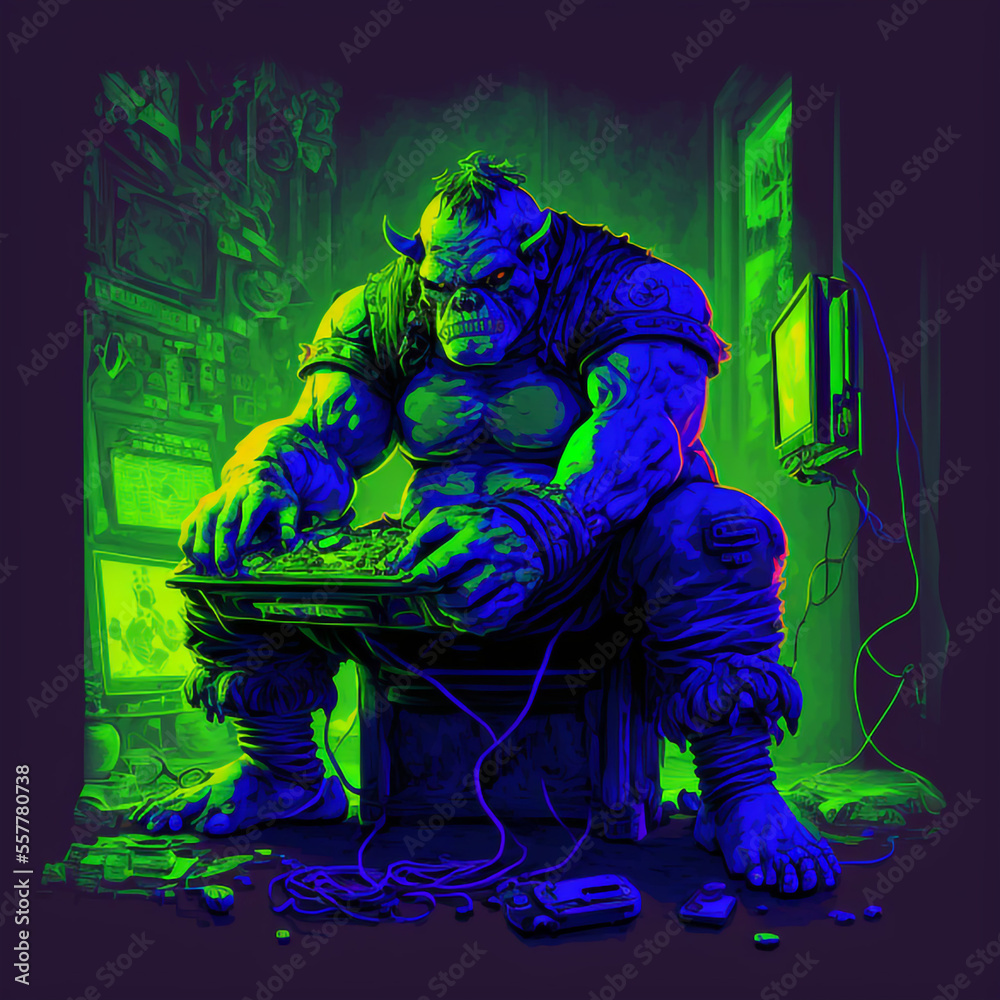 AN OGAR PLAYING VIDEOGAMES IN A NEON GLOW - obrazy, fototapety, plakaty 