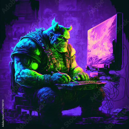 Obraz na płótnie AN OGAR PLAYING VIDEOGAMES IN A NEON GLOW