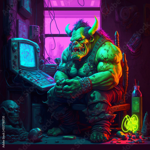 Obraz na płótnie AN OGAR PLAYING VIDEOGAMES IN A NEON GLOW