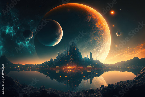 a futuristic image of a fantasy city in space with planets. Generative AI