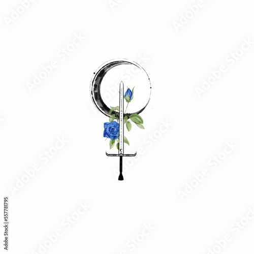 lilith symbol with sword and blue roses, isolated vector tattoo design