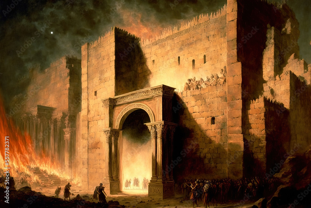 Fototapeta premium Ancient Jewish temple was destroyed; mourning day was Tish B'Av, the ninth day of Av. Generative AI
