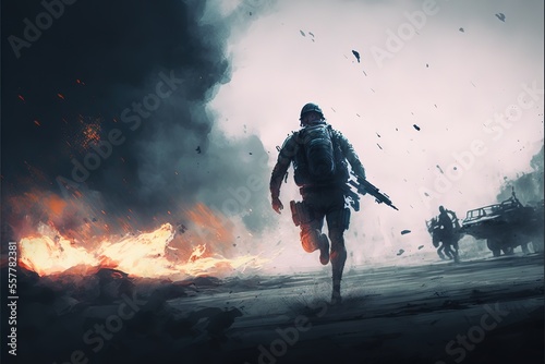 A soldier runs across the battlefield
