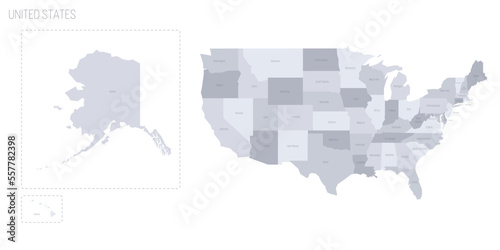 United States of America political map of administrative divisions - states and federal district Washington, D.C. Grey vector map with labels.