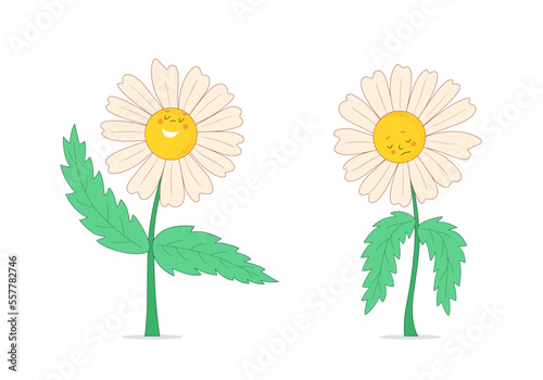 Chamomile flowers depicting the emotions of joy and sadness. Set of happy and sad icons. Vector cartoon illustration on white isolated background.