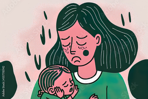 Concept of postpartum depression and difficult parenthood. Woman who is worn out, suffering from a headache, is clutching her small child while experiencing issues and restless nights. a single mother photo