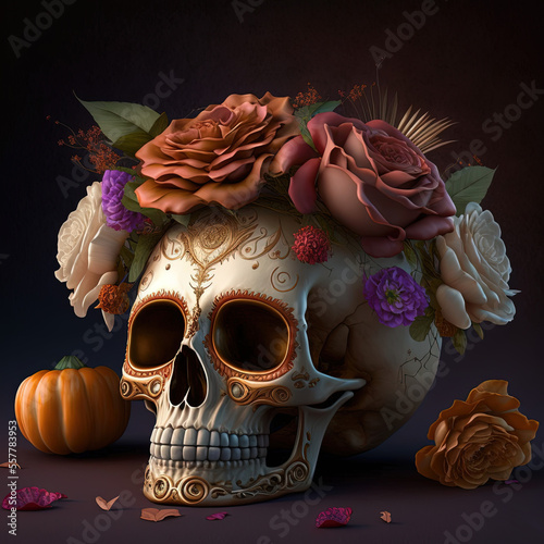 Calavera (Mexican Sugar skull), colorful, floral skull for dia de los muertos (Day of the Dead)