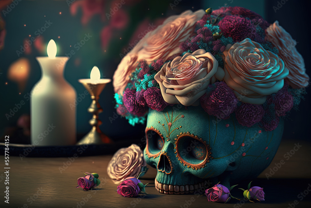 Calavera (Mexican Sugar skull), colorful, floral skull for dia de los muertos (Day of the Dead)