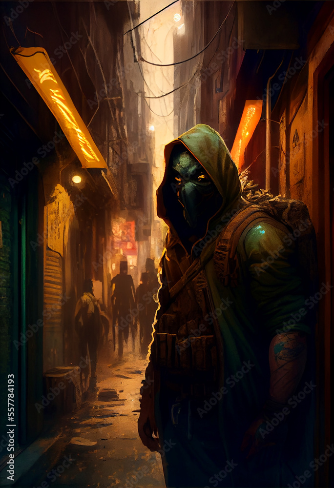 Rogue in an alleyway sneaking ai art
