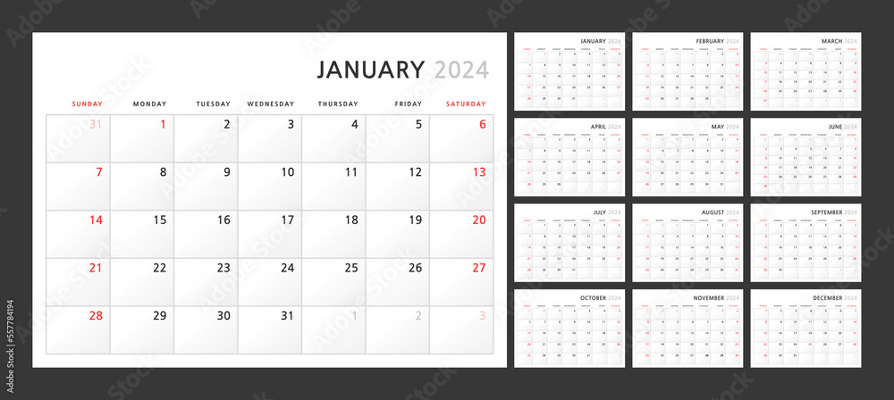 Wall quarterly calendar template for 2024 in a classic minimalist style. Week starts on Sunday. Set of 12 months. Corporate Planner Template. A4 format horizontal - obrazy, fototapety, plakaty 