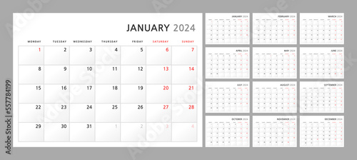 Wall quarterly calendar template for 2024 in a classic minimalist style. Week starts on Monday. Set of 12 months. Corporate Planner Template. A4 format horizontal